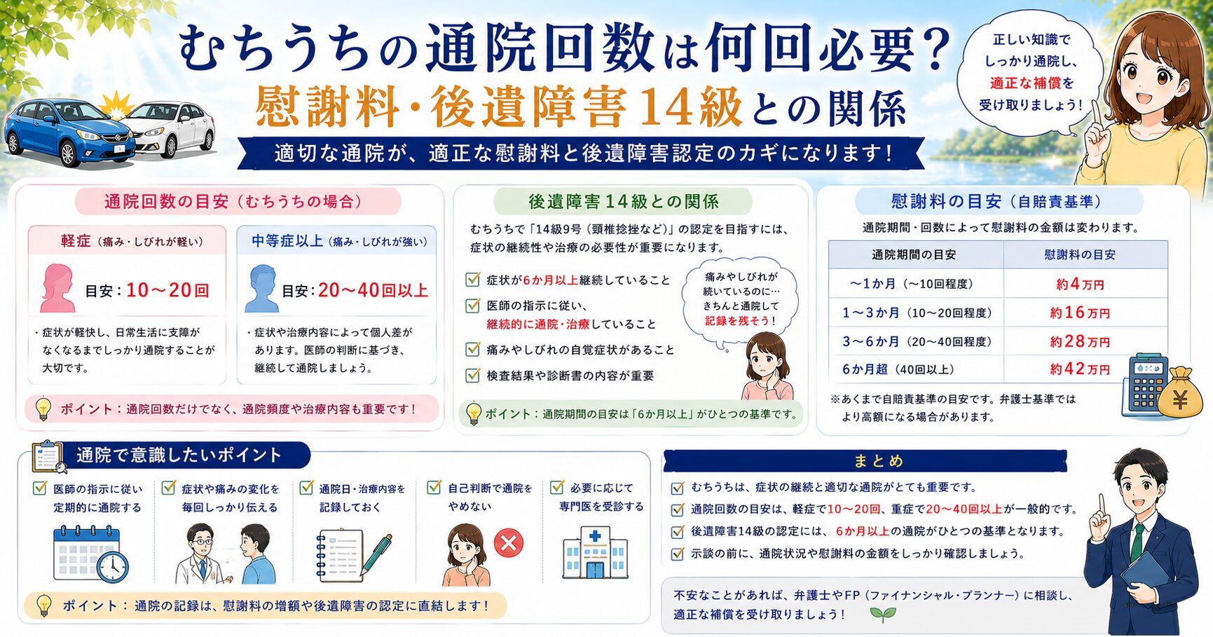 むちうちの通院回数は何回必要？慰謝料・後遺障害14級との関係に関するアイキャッチ画像