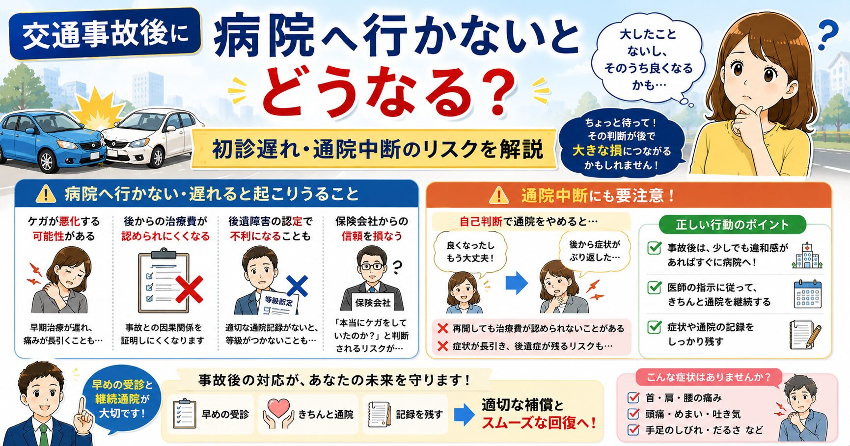 交通事故後に病院へ行かないとどうなる？初診遅れ・通院中断のリスクに関するアイキャッチ画像