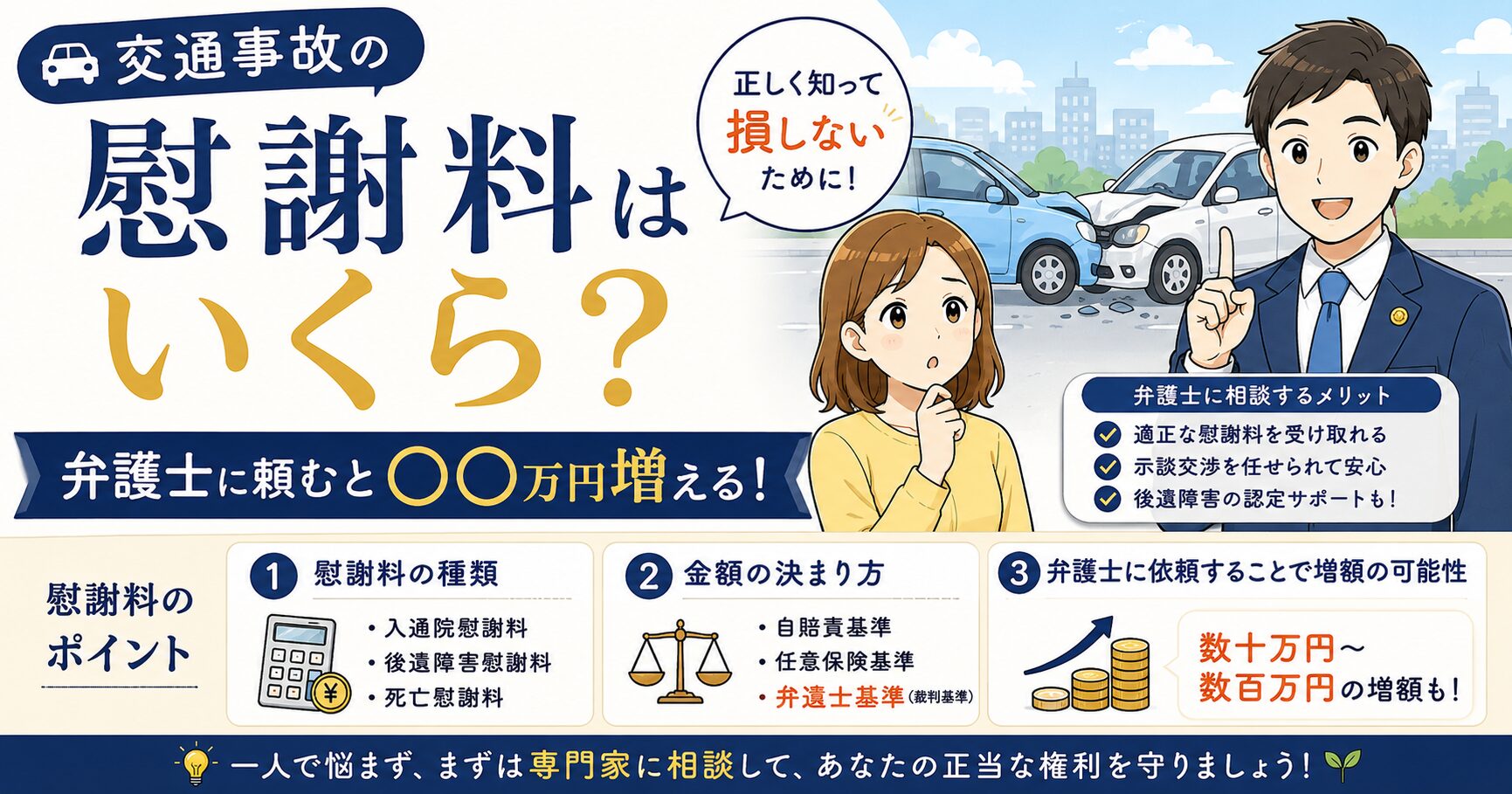 交通事故の慰謝料はいくら？弁護士に頼むと○○万円増える実例で解説に関するアイキャッチ画像