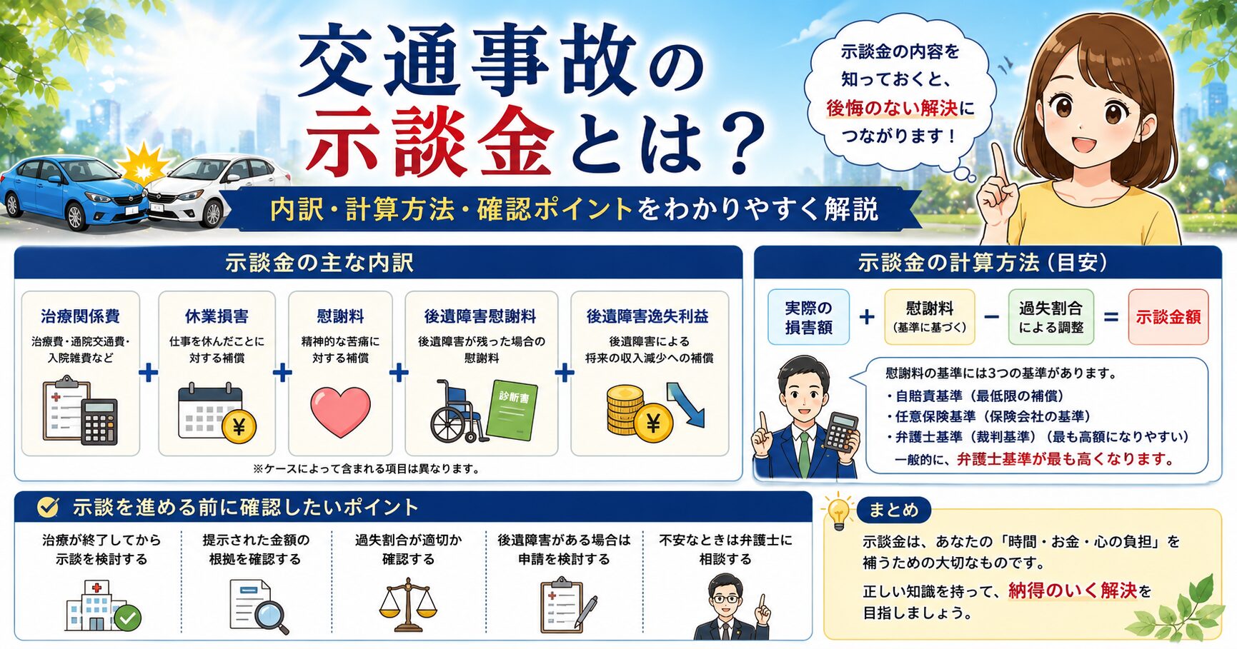 交通事故の示談金とは？内訳・計算方法・確認ポイントに関するアイキャッチ画像