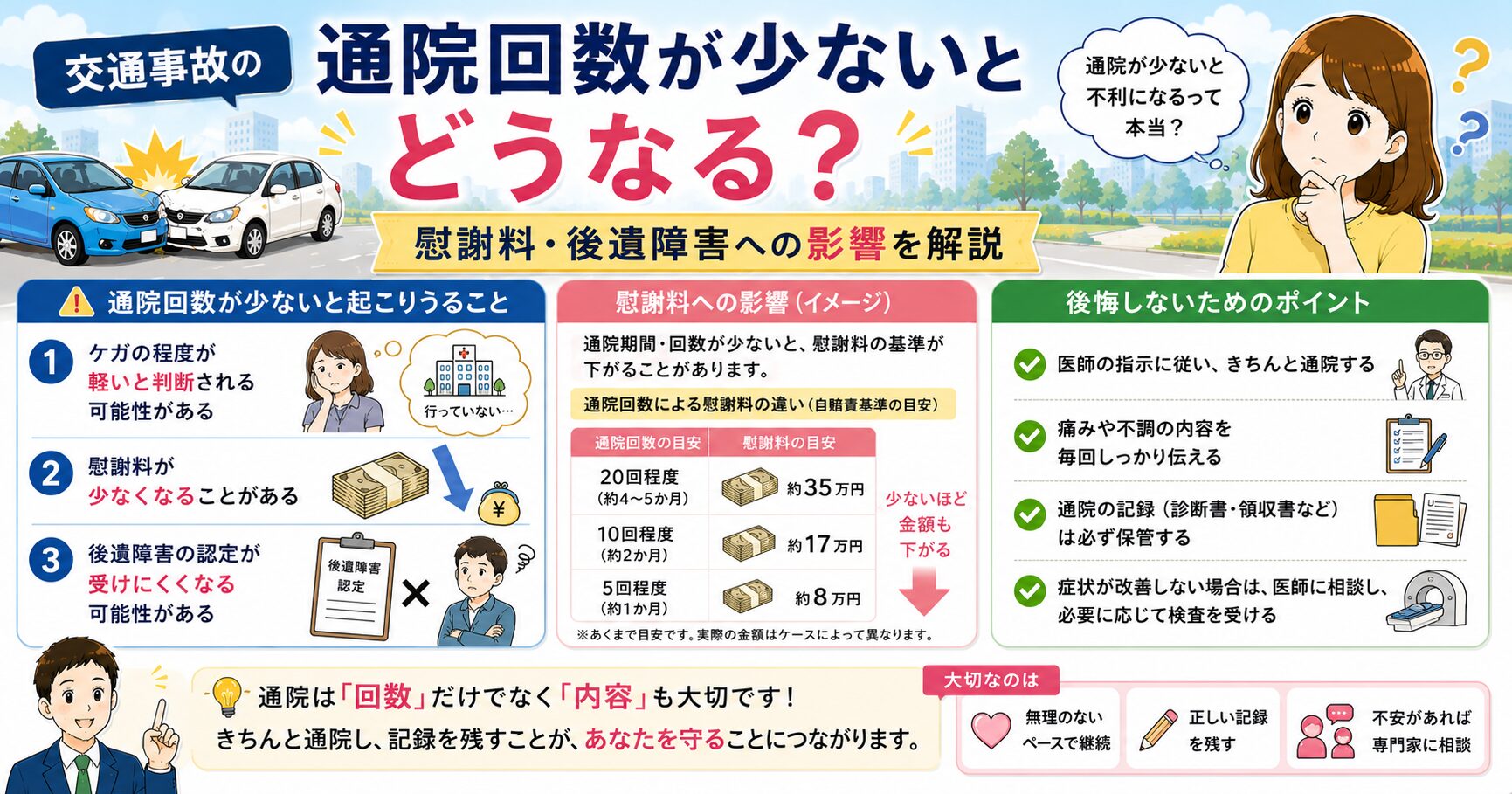 交通事故の通院回数が少ないとどうなる？慰謝料・後遺障害への影響に関するアイキャッチ画像